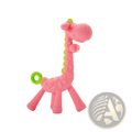 Pink silicone giraffe baby teether with green accents designed as a molar toy for soothing gums