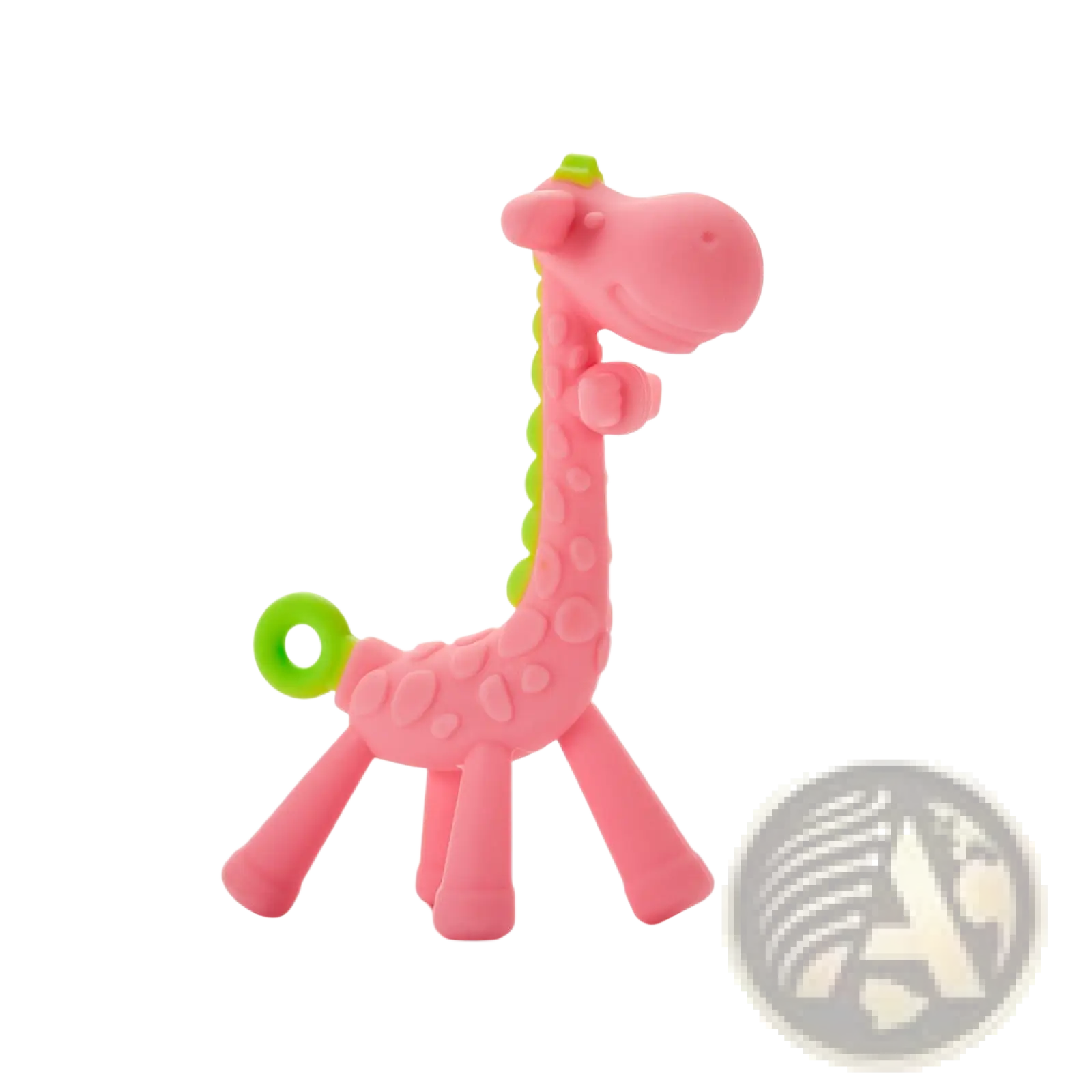 Pink silicone giraffe baby teether with green accents designed as a molar toy for soothing gums