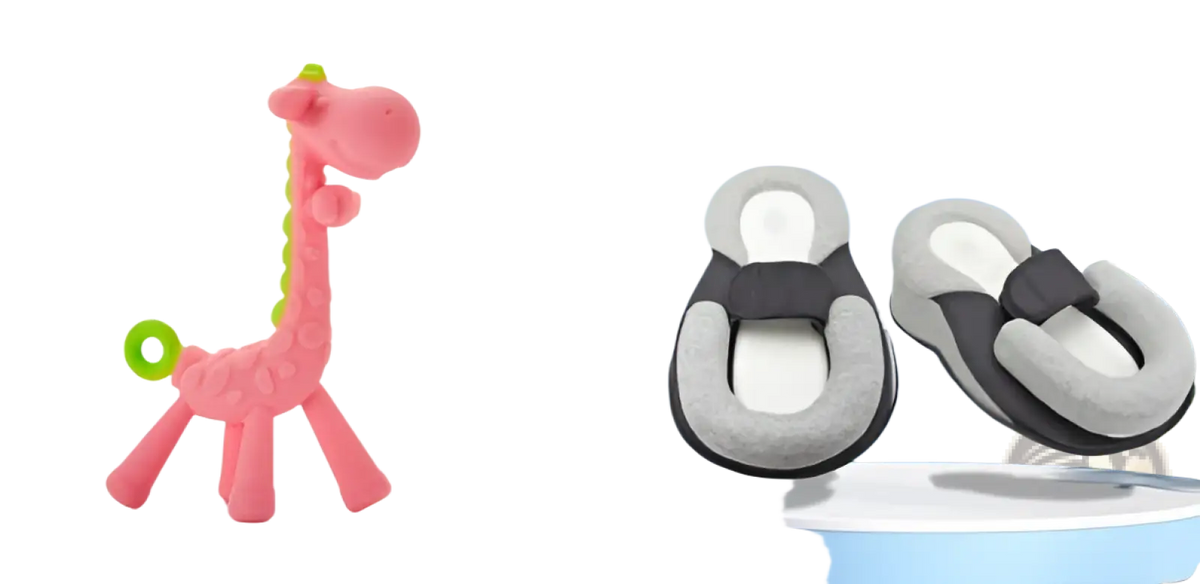 Pink silicone giraffe baby teether with green accents designed as a molar toy for soothing gums