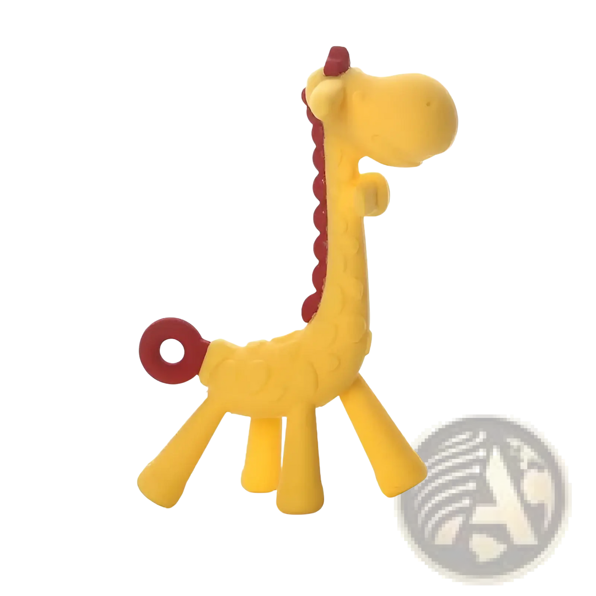 Yellow silicone giraffe baby teether with red textured mane and tail ring designed for soothing gums and molars