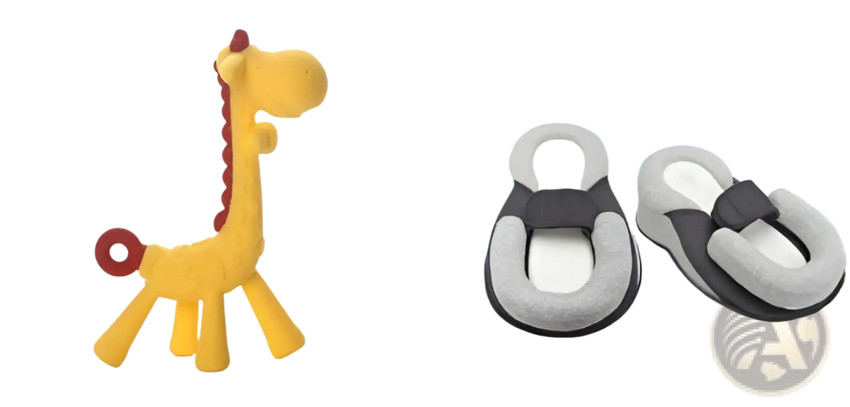 Yellow silicone giraffe-shaped baby teether with red accents and a ring on its tail for soothing gums