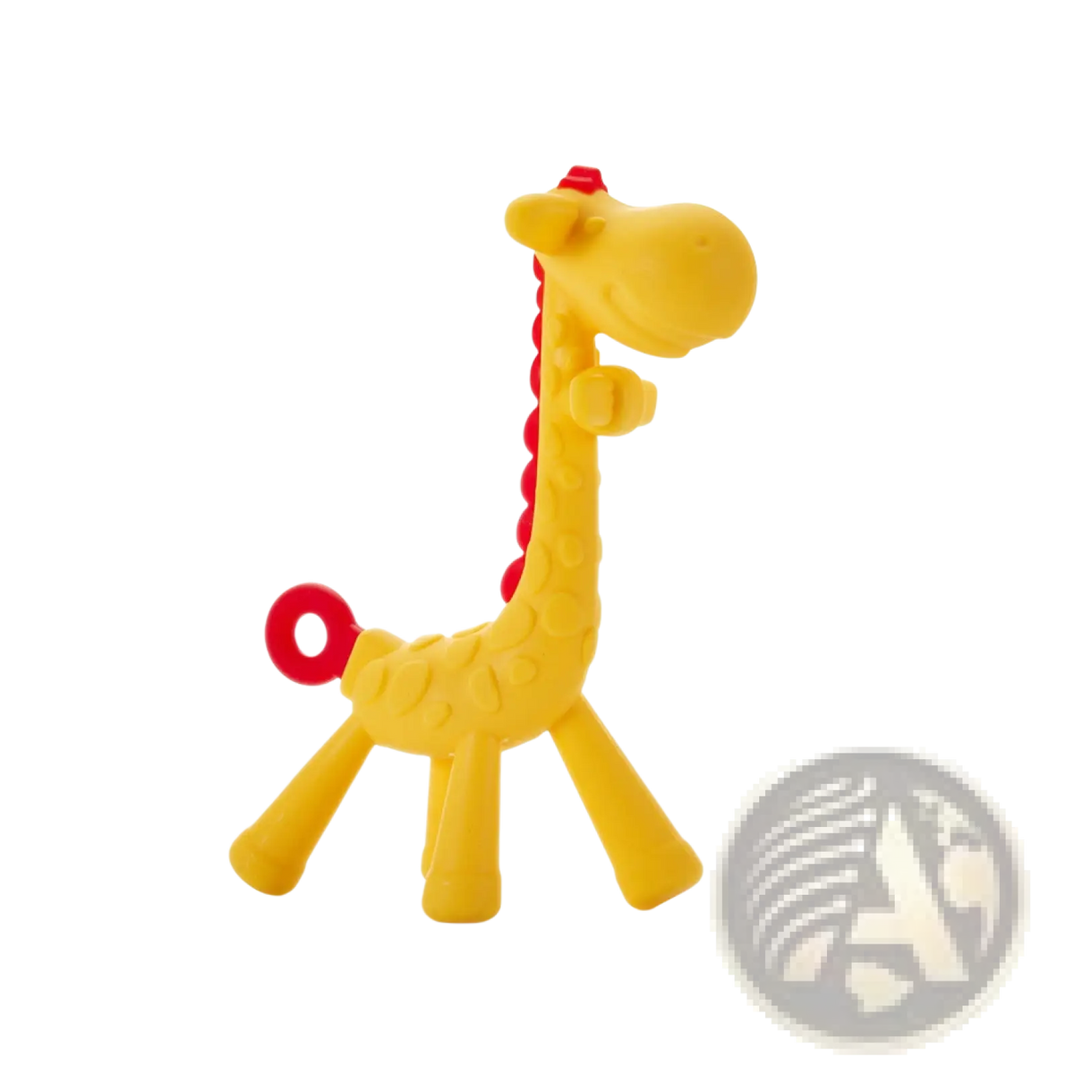 Yellow giraffe-shaped silicone baby teether with red accents on mane tail ring and head for soothing gums