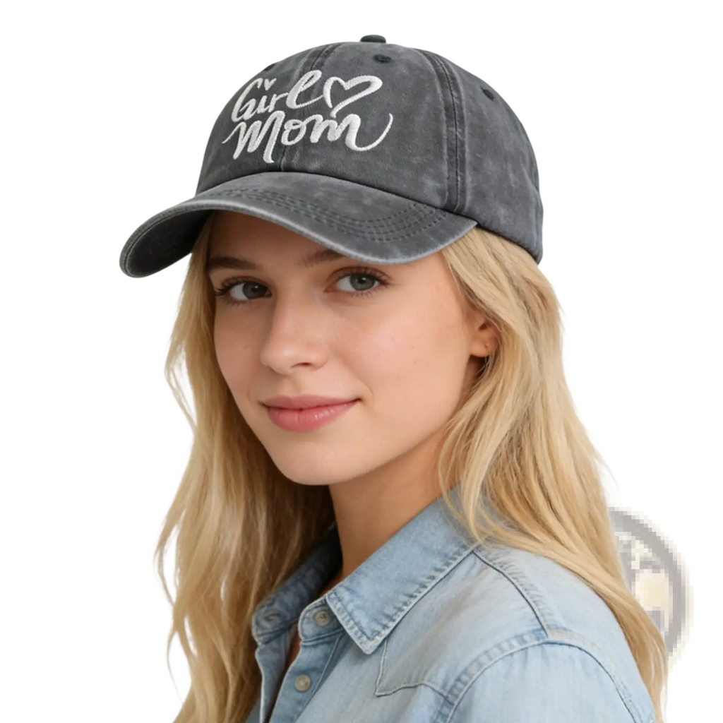 Dark gray distressed adjustable baseball cap with girl mom embroidered in white cursive and heart symbol
