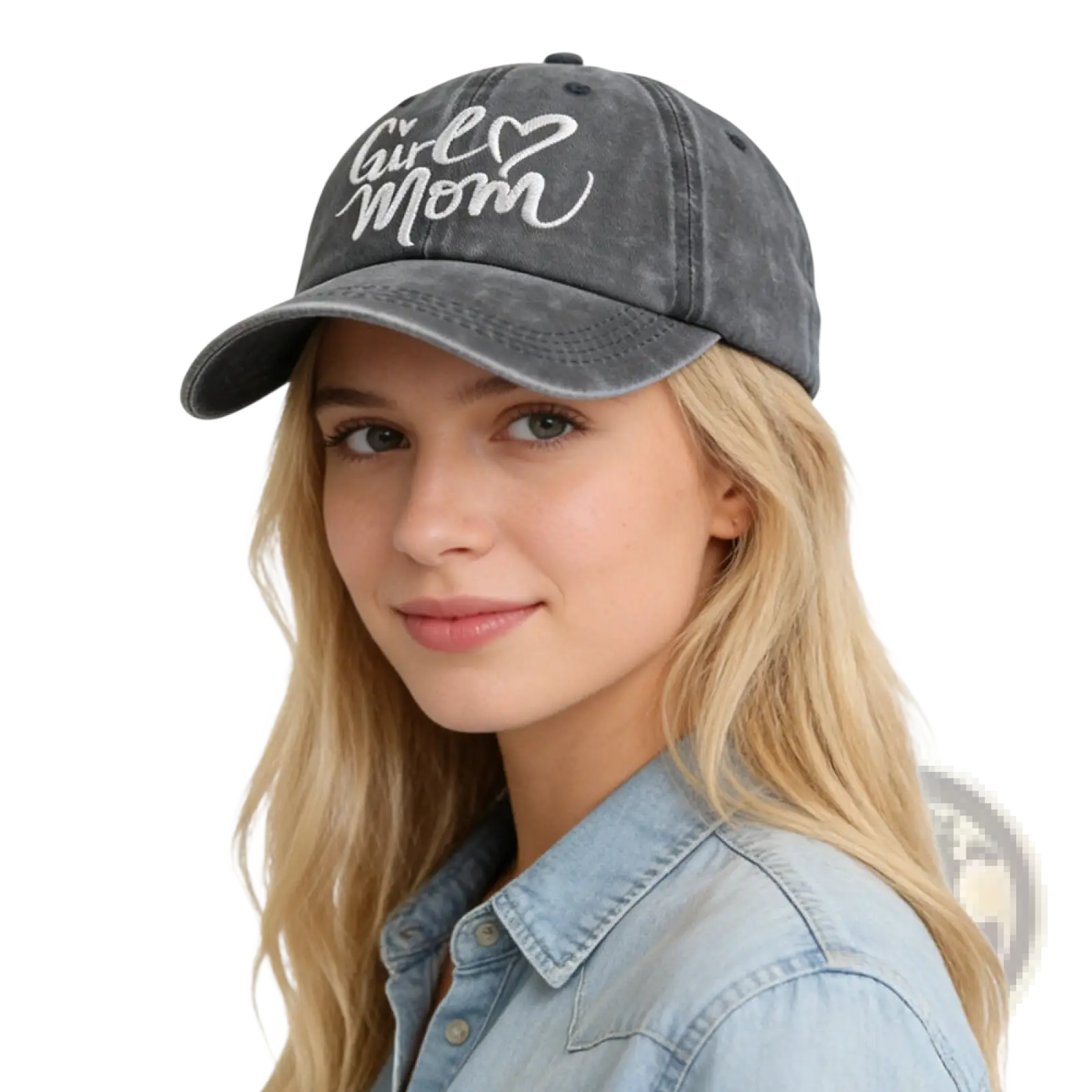 Dark gray distressed adjustable baseball cap with girl mom embroidered in white cursive and heart symbol