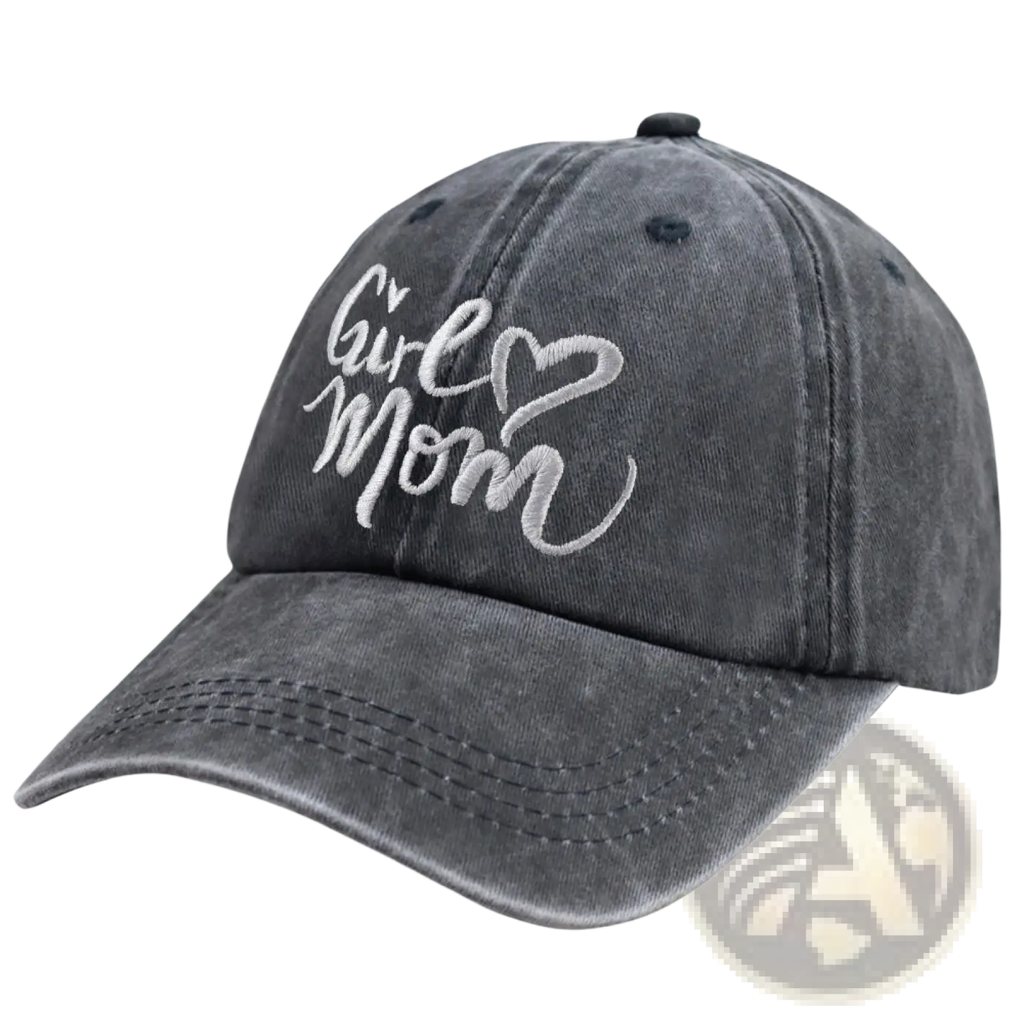 A faded gray distressed adjustable baseball cap with girl mom embroidered in white cursive script and a heart symbol