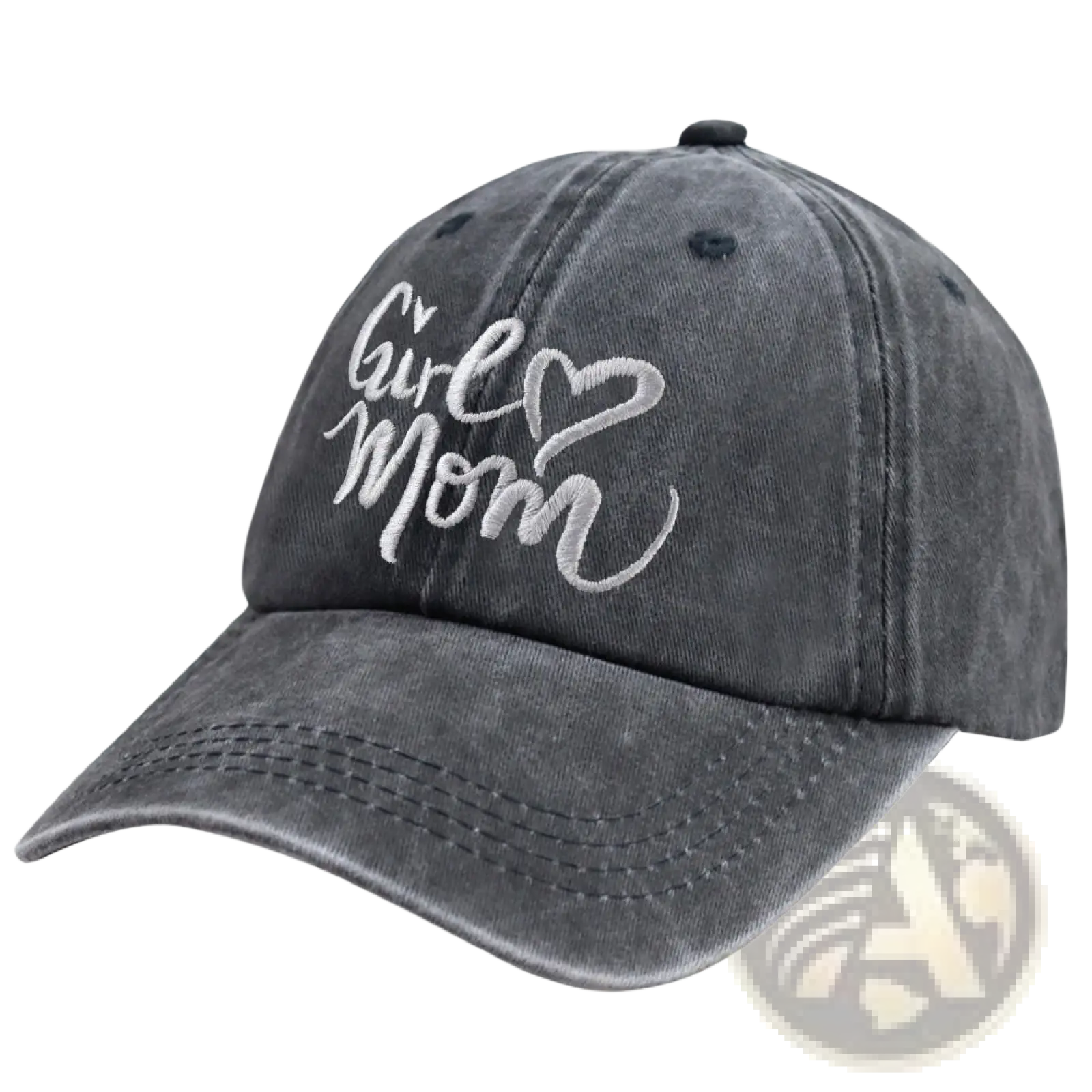 A faded gray distressed adjustable baseball cap with girl mom embroidered in white cursive script and a heart symbol