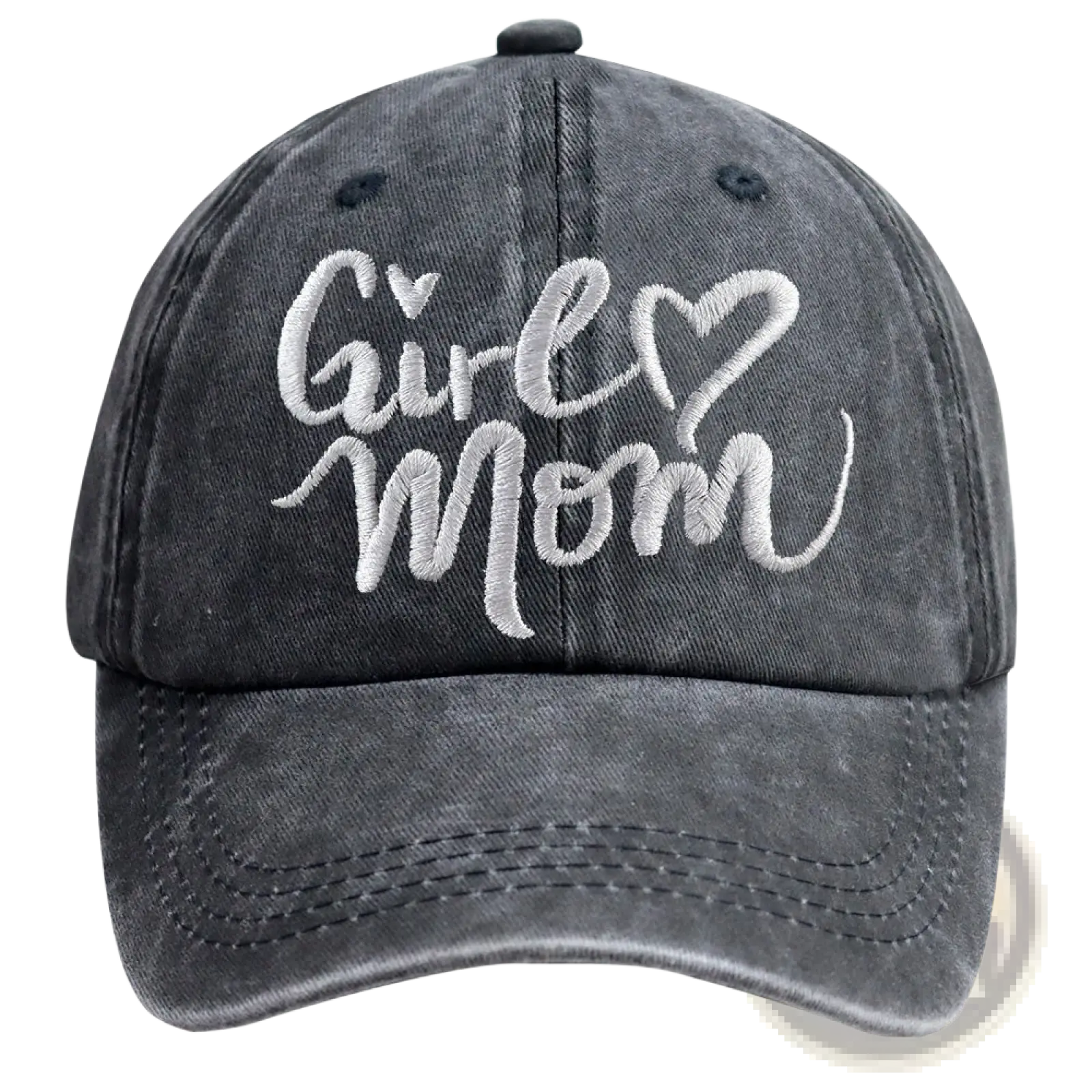 A dark gray distressed denim baseball cap with white embroidered girl mom text and heart accents, adjustable fit