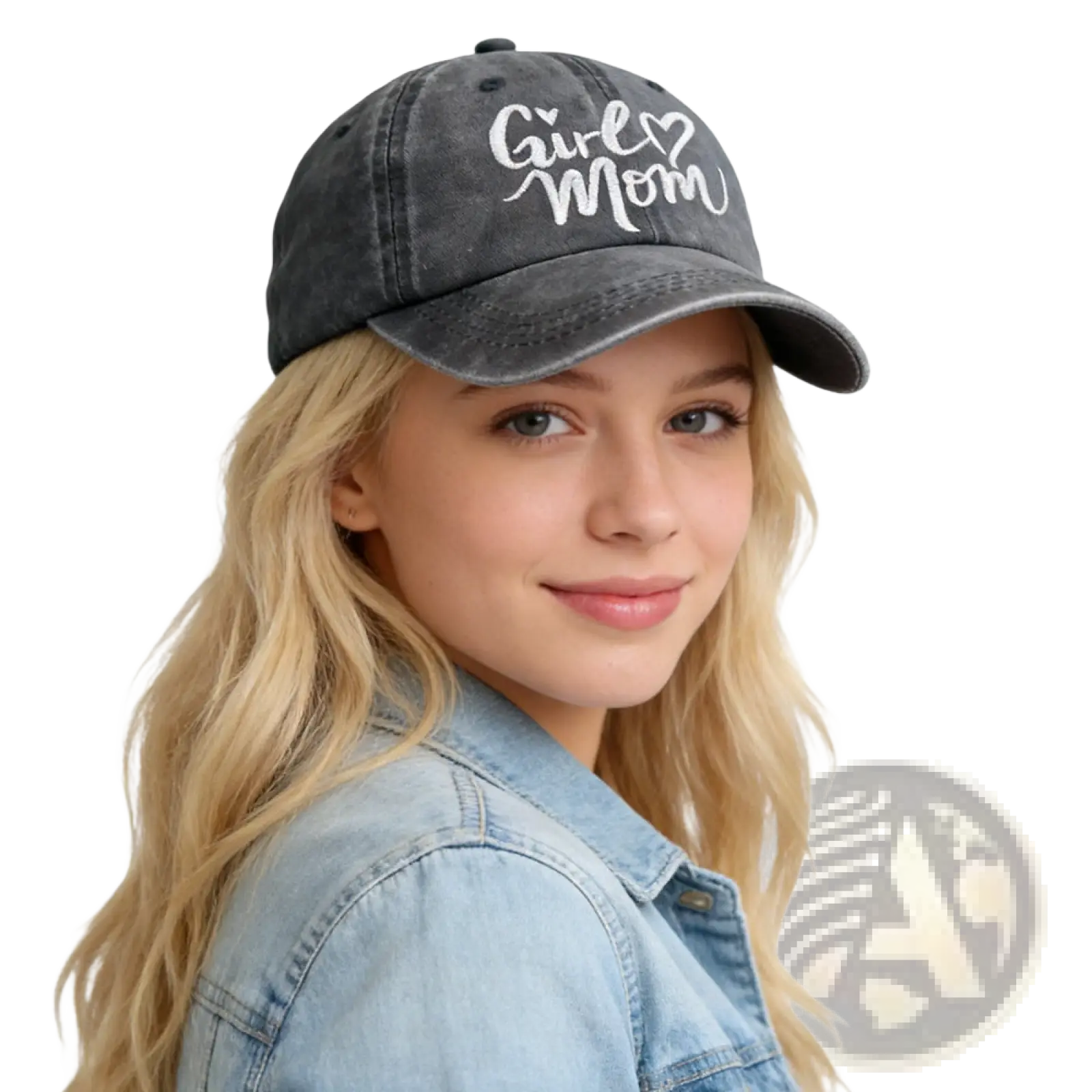 A dark gray distressed adjustable baseball cap with girl mom embroidered in white cursive script