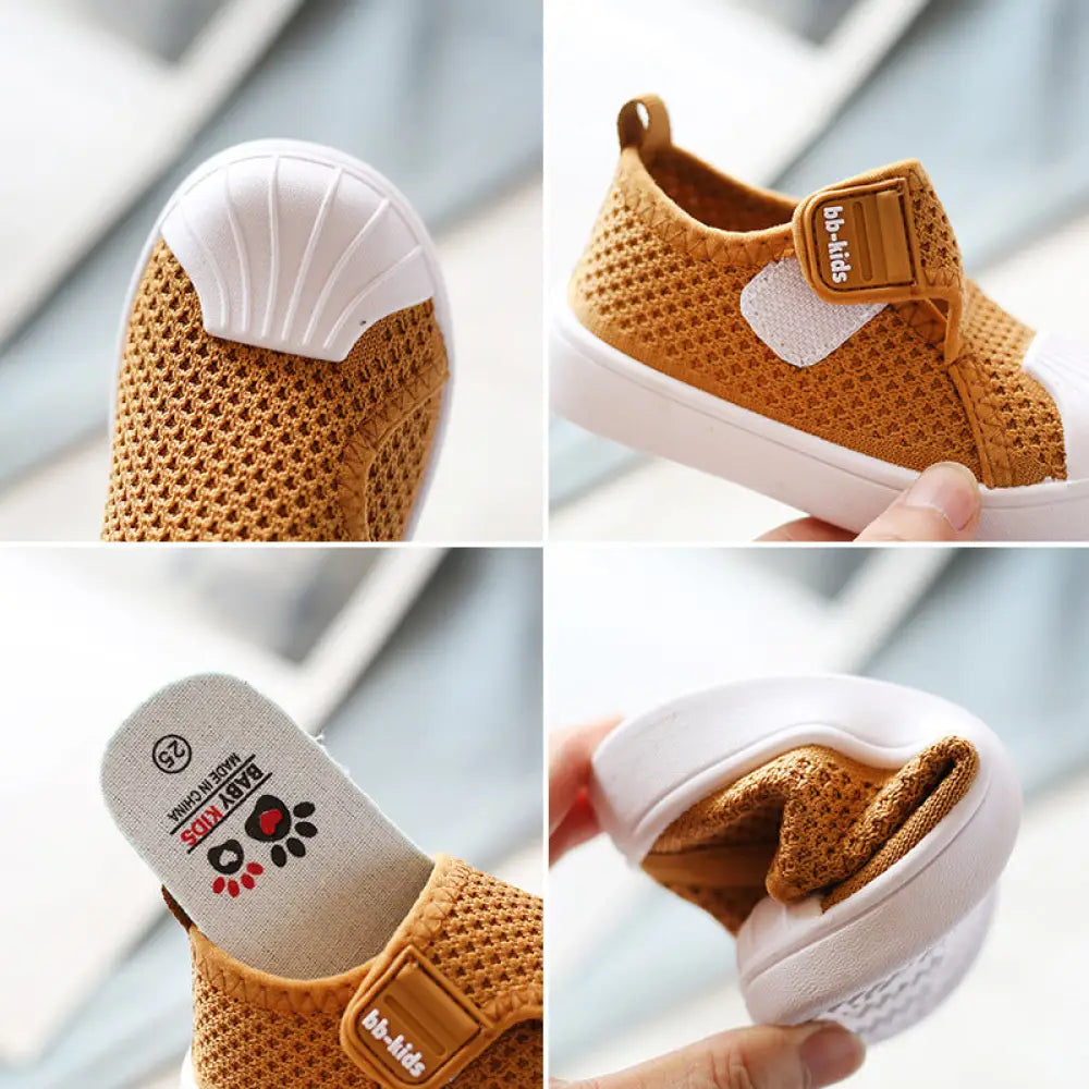 Tan breathable mesh slip-on sneaker for toddlers and kids with white rubber sole and bb-kids velcro strap