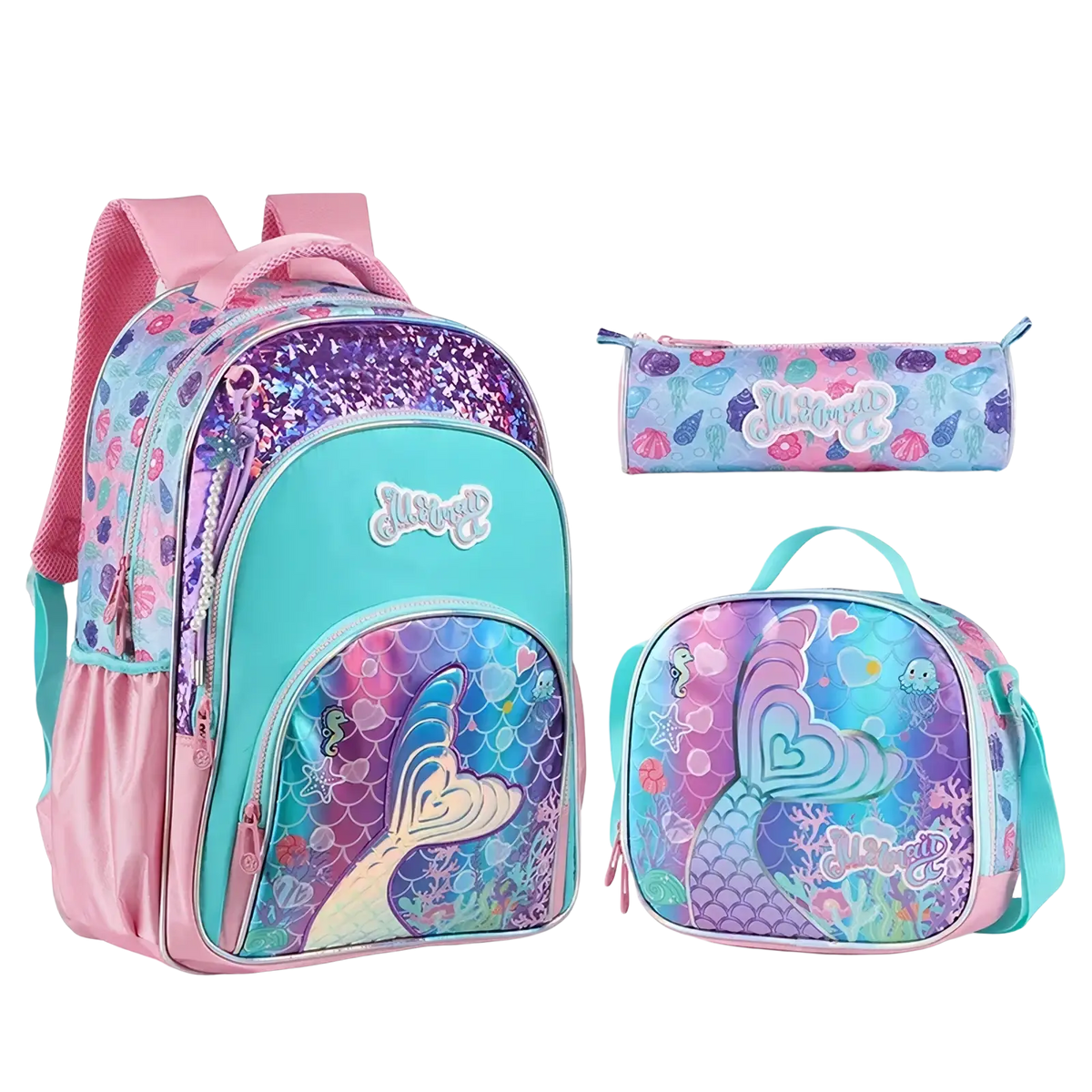 Girls butterfly school backpack set with mermaid tail design, pink straps, teal accents, and purple sequined front panel