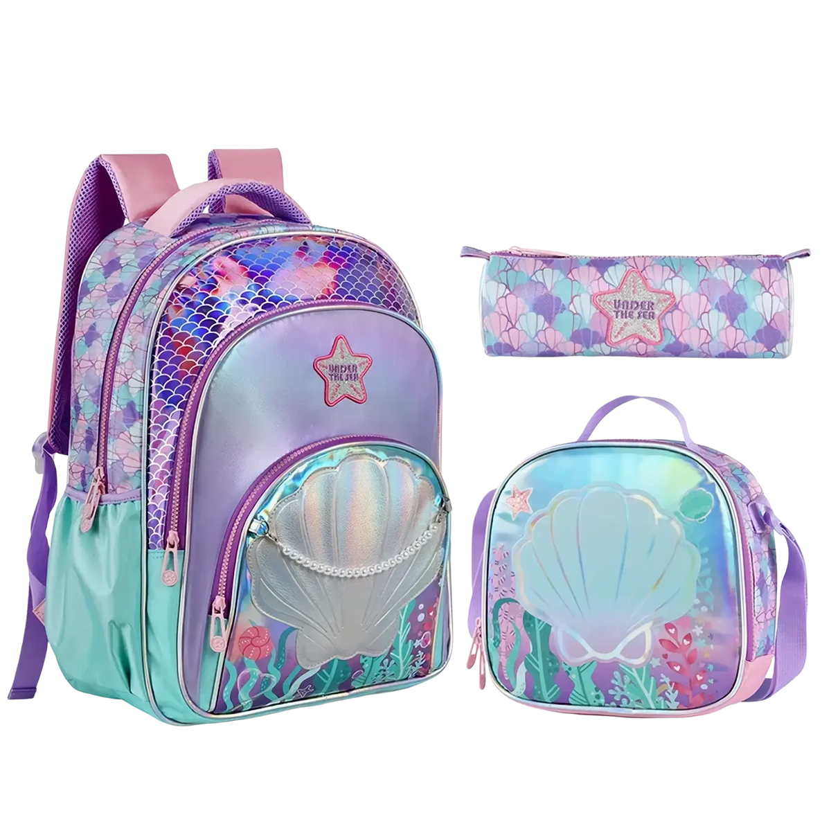 Girls butterfly school backpack set featuring mermaid-themed iridescent purple and teal scales with silver shell pocket
