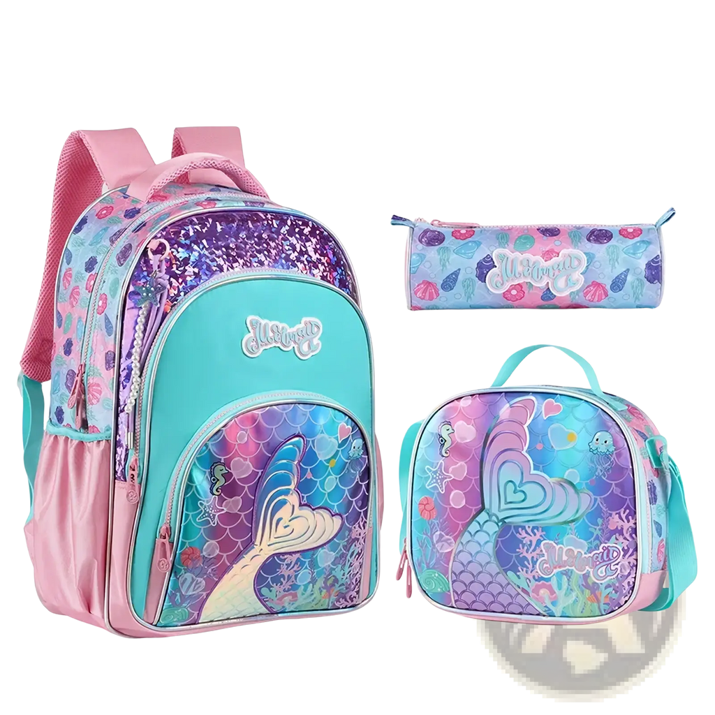 Girls butterfly school backpack set with mermaid tail design, pink straps, teal accents, and purple sequined front panel
