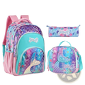 Girls butterfly school backpack set with mermaid tail design, pink straps, teal accents, and purple sequined front panel