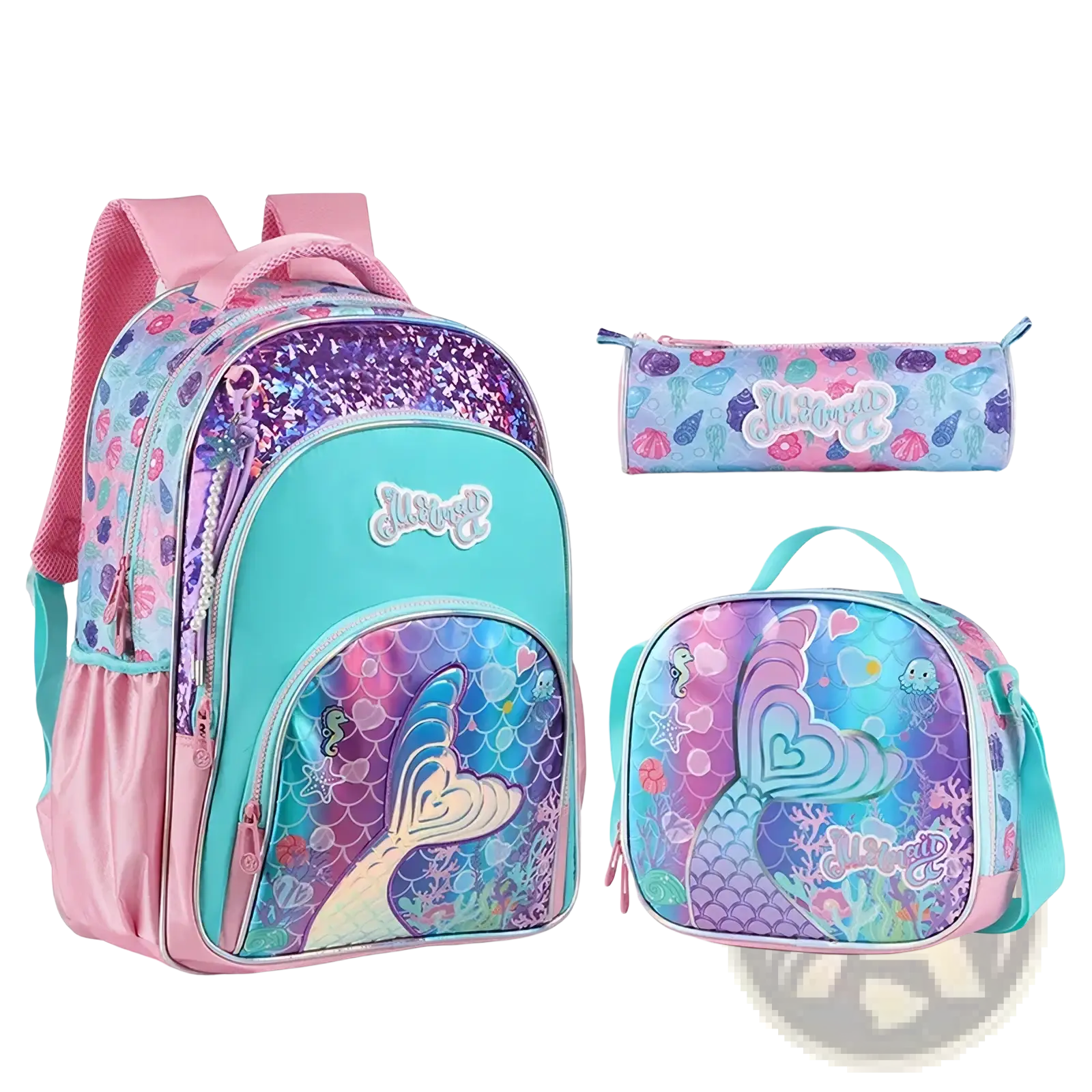 Girls butterfly school backpack set with mermaid tail design, pink straps, teal accents, and purple sequined front panel