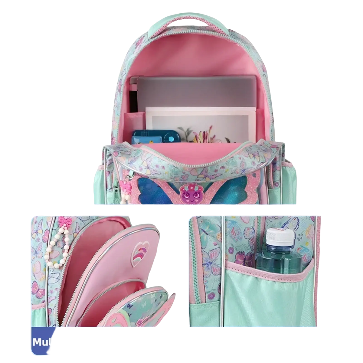 Girls butterfly school backpack set featuring pastel mint and pink butterfly patterns with pearl-adorned front pocket