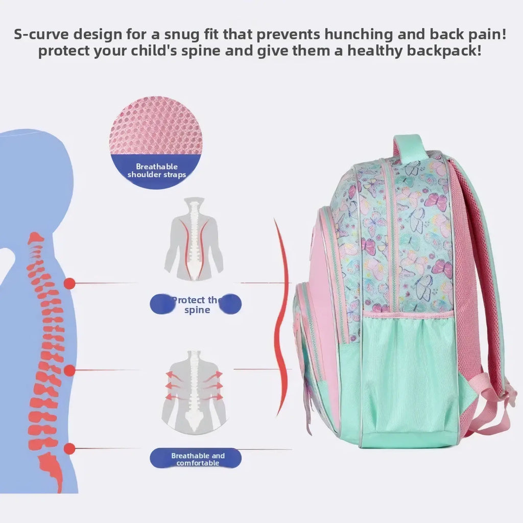 Pastel mint and pink girls butterfly school backpack set with breathable mesh shoulder straps and butterfly pattern