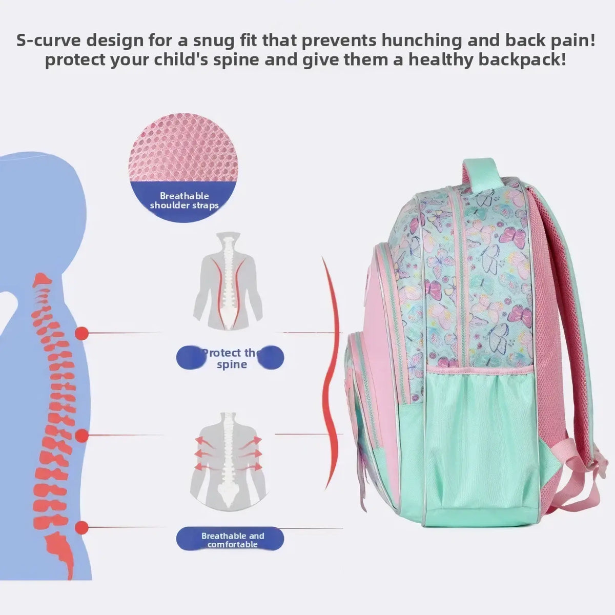 Pastel mint and pink girls butterfly school backpack set with breathable mesh shoulder straps and butterfly pattern