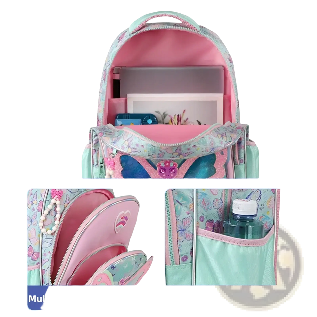 Girls butterfly school backpack set featuring pastel mint and pink butterfly patterns with pearl-adorned front pocket
