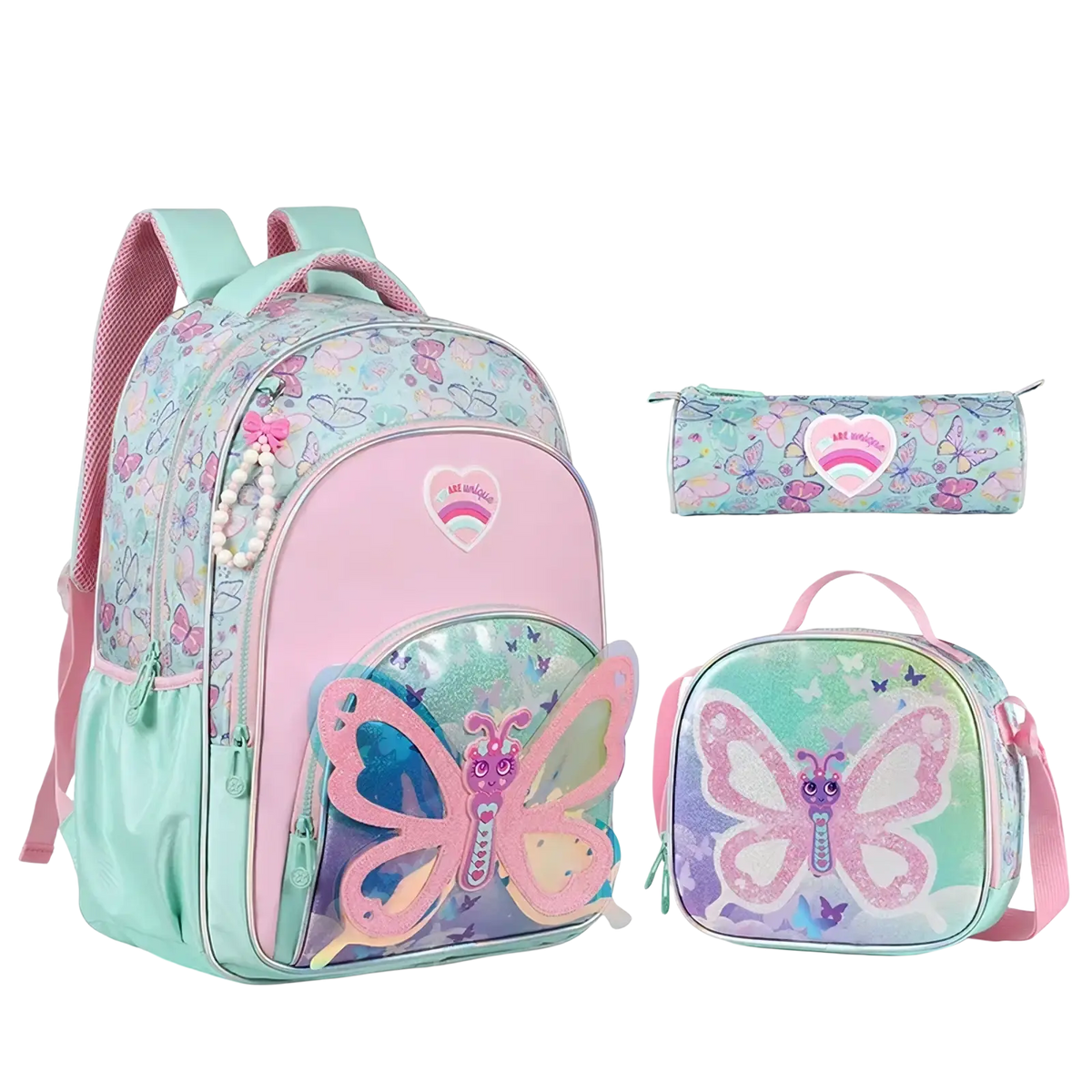 Girls butterfly school backpack set in pastel pink and mint green with glittery accents and a plush 3d butterfly appliqué