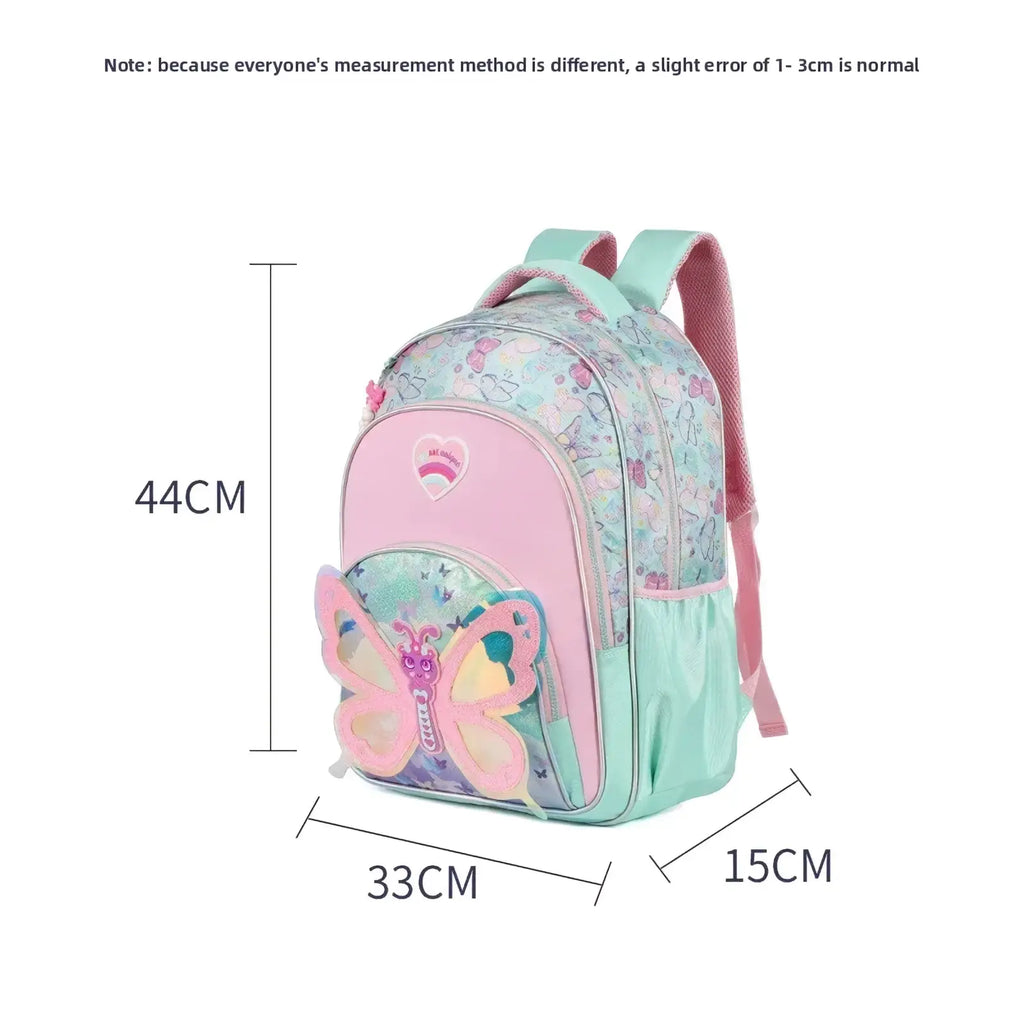Girls butterfly school backpack set in pastel pink and mint green with butterfly appliqué on front pocket