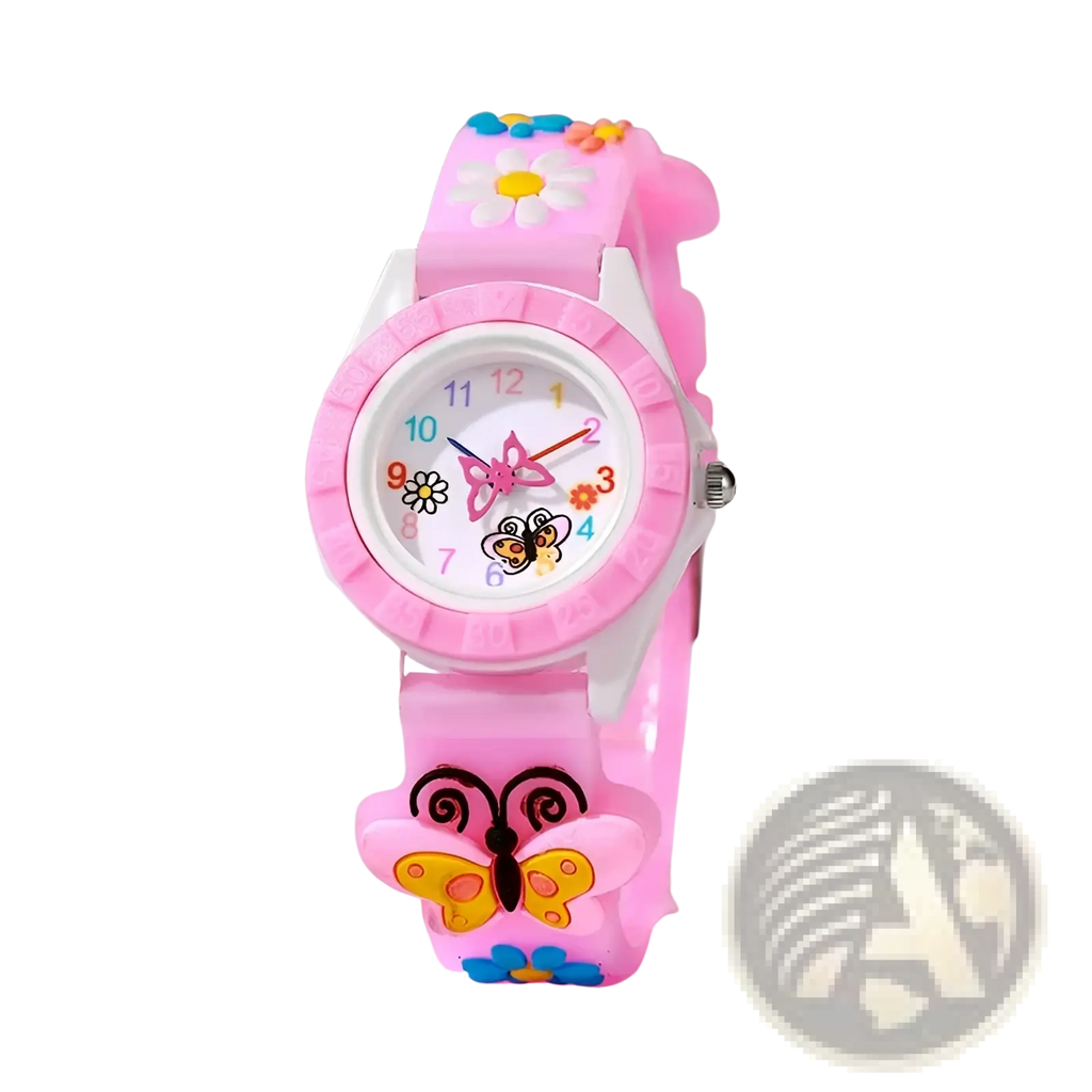 Girls butterfly silicone quartz watch with pink band featuring colorful butterfly and flower designs and white face