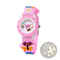 Girls butterfly silicone quartz watch with pink band featuring colorful butterfly and flower designs and white face