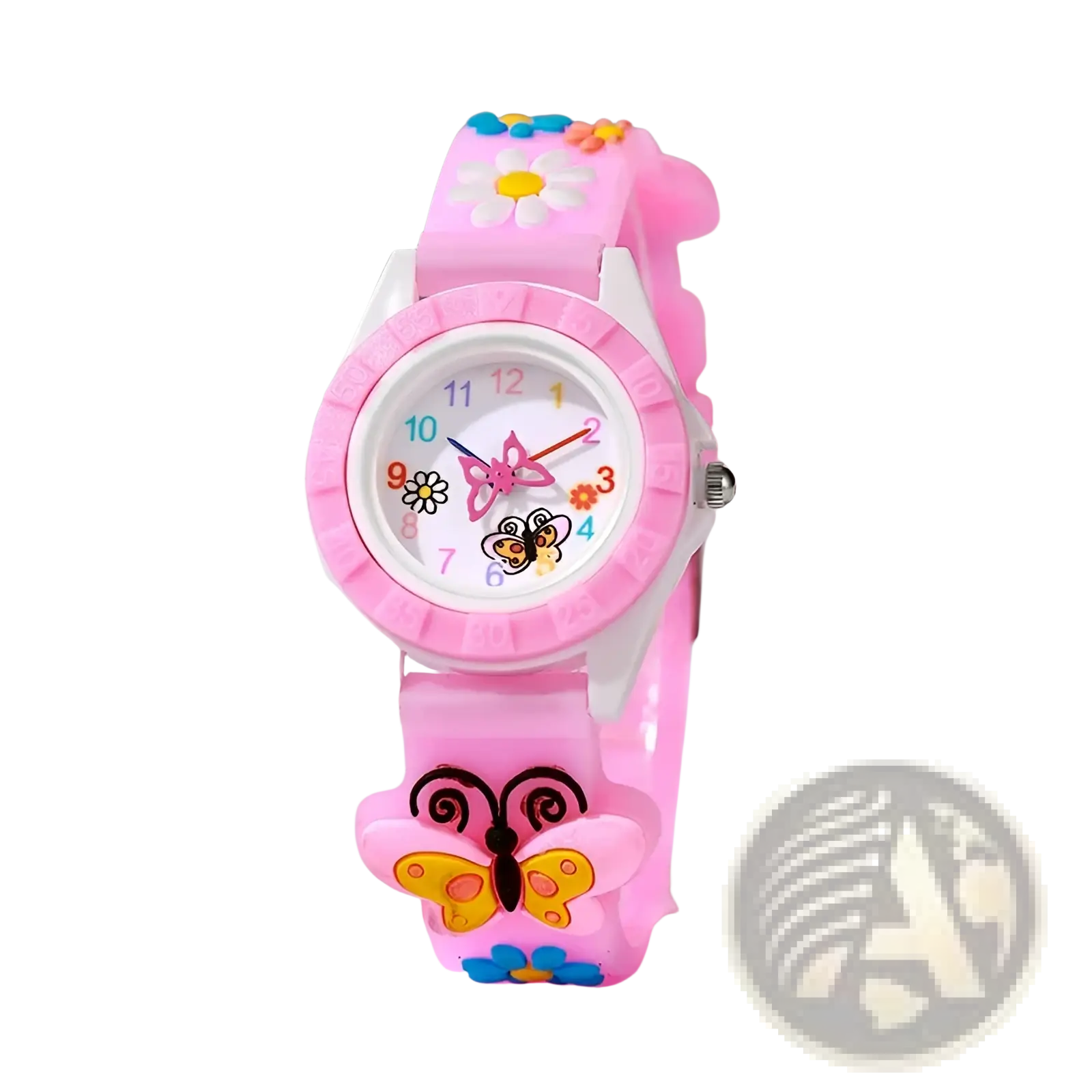 Girls butterfly silicone quartz watch with pink band featuring colorful butterfly and flower designs and white face