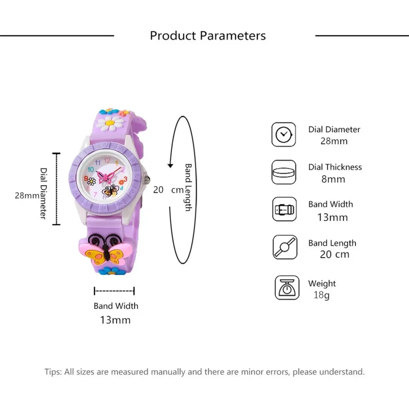 Girls butterfly silicone quartz watch in purple with floral and butterfly design and colorful numbers on round dial