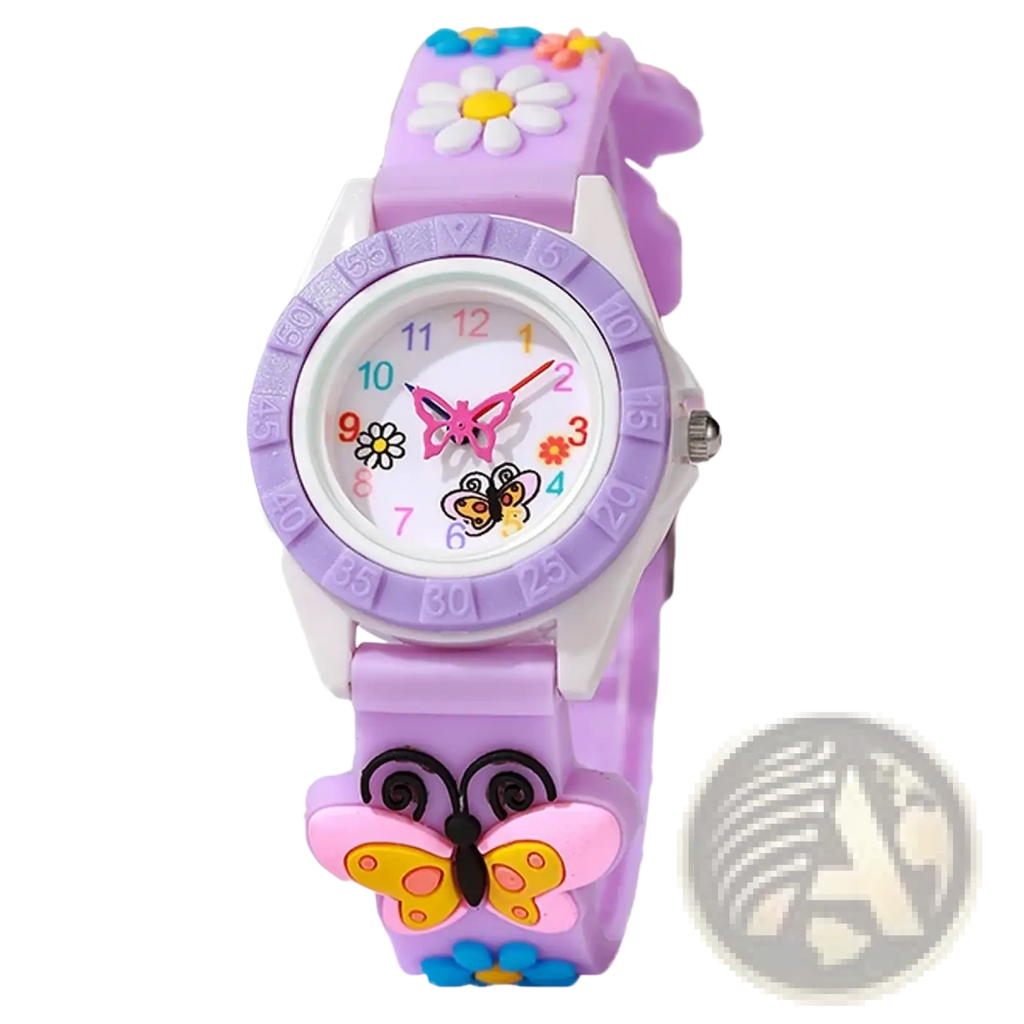 Girls butterfly silicone quartz watch with purple band decorated with colorful butterflies and flowers and white face