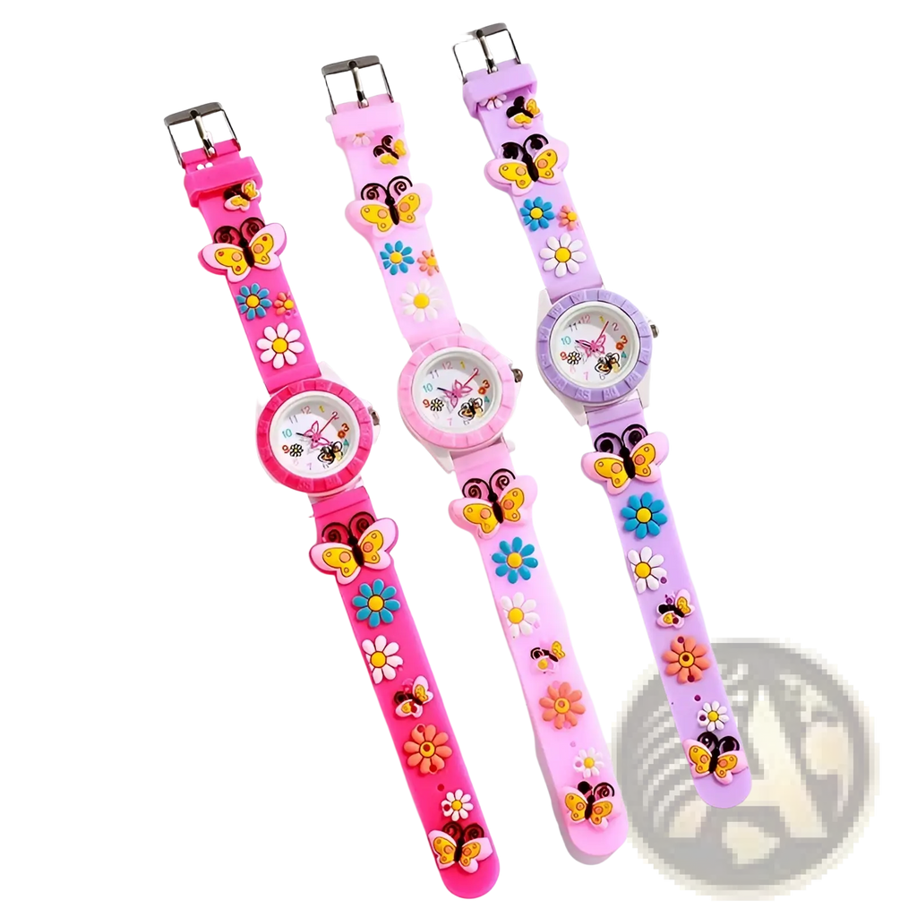 Girls butterfly silicone quartz watches with pink, light pink, and lavender straps and butterfly flower charms