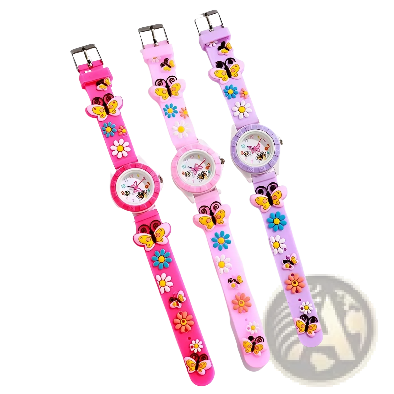Girls butterfly silicone quartz watches with pink, light pink, and lavender straps and butterfly flower charms