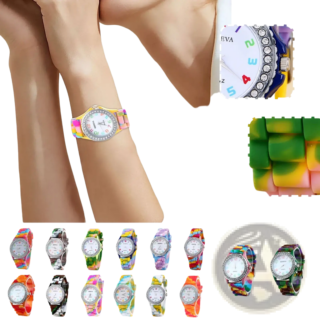 Girls crystal bling rainbow silicone watch with colorful band white face and crystal accents for stylish wear
