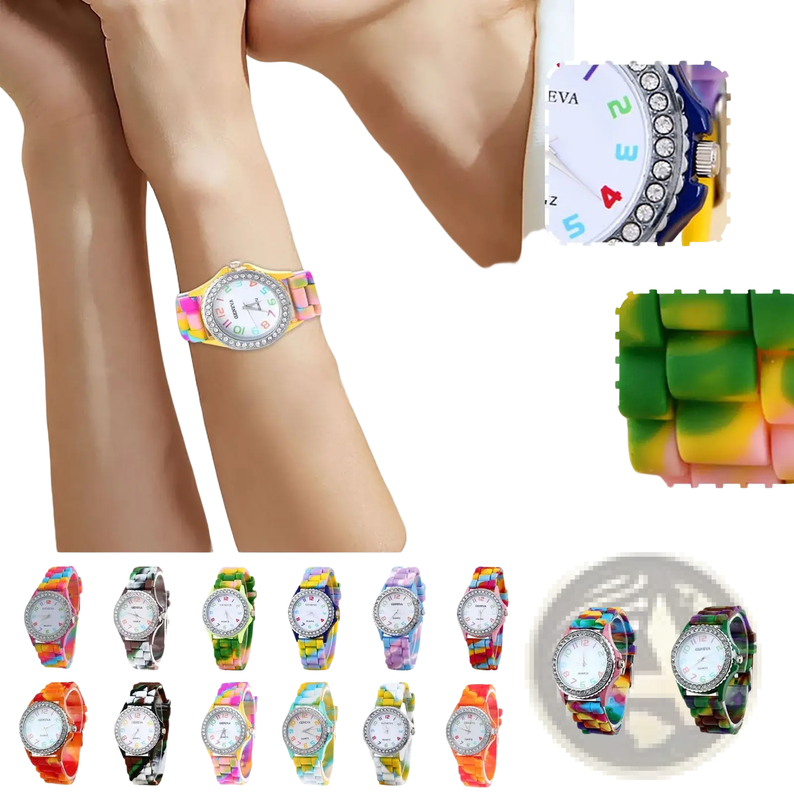 Girls crystal bling rainbow silicone watch with colorful band white face and crystal accents for stylish wear
