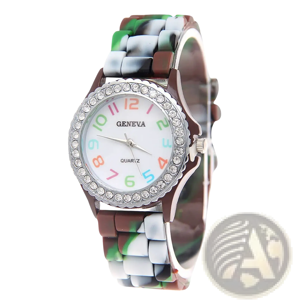 Girls crystal bling rainbow silicone watch by geneva quartz with white face, rainbow numerals, crystal bezel, camo band