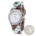 Girls crystal bling rainbow silicone watch by geneva quartz with white face, rainbow numerals, crystal bezel, camo band