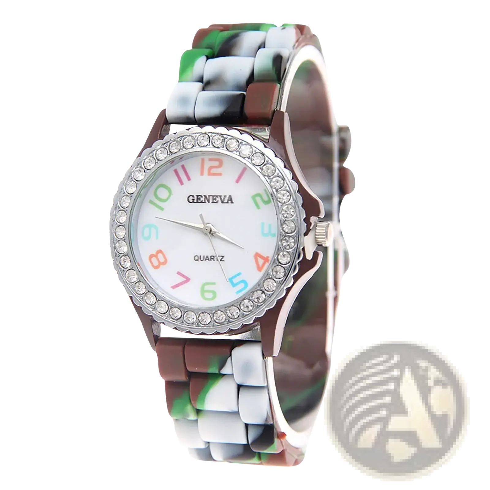 Girls crystal bling rainbow silicone watch by geneva quartz with white face, rainbow numerals, crystal bezel, camo band