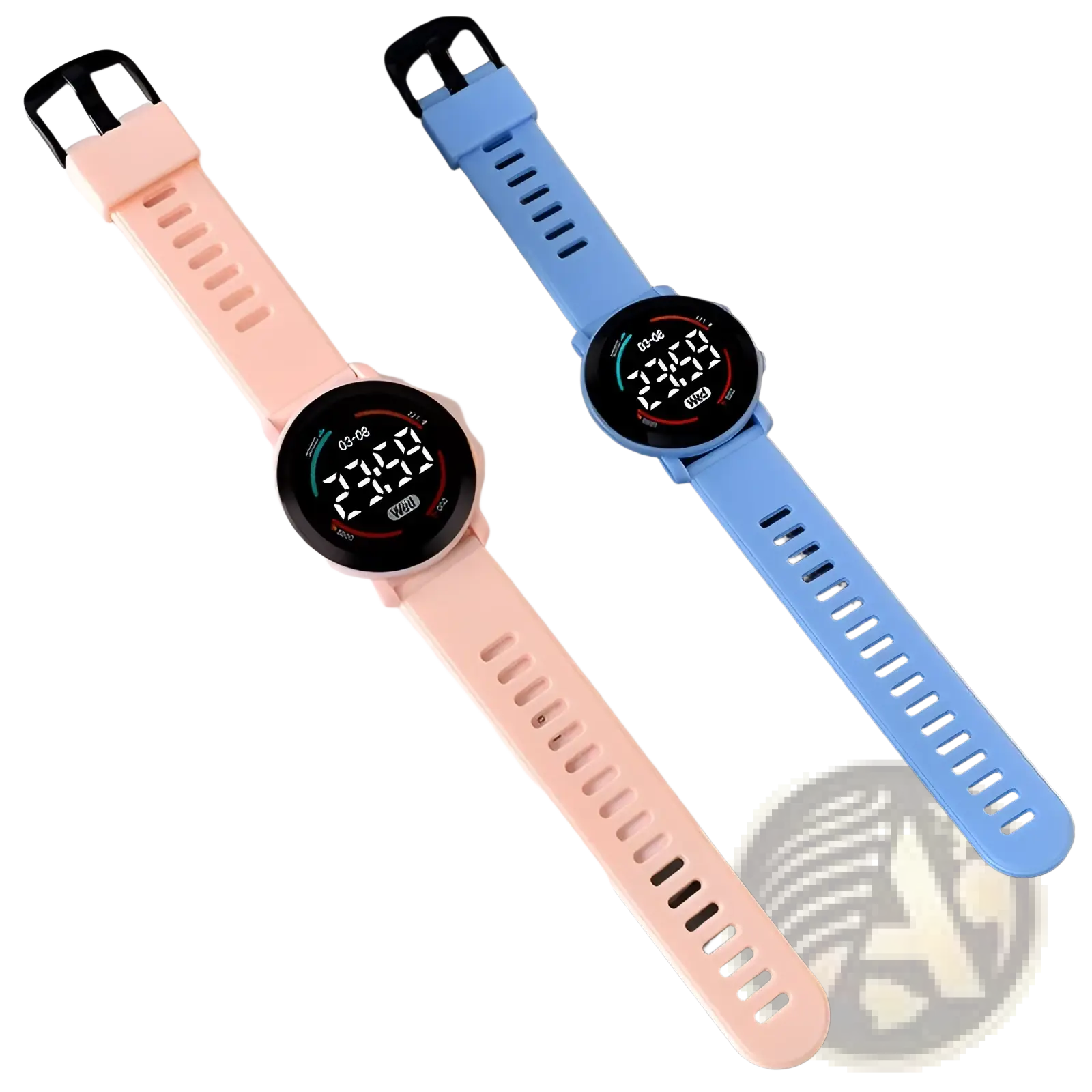 Girls digital sports watch waterproof led wristwatch with pink and blue silicone straps and circular digital displays