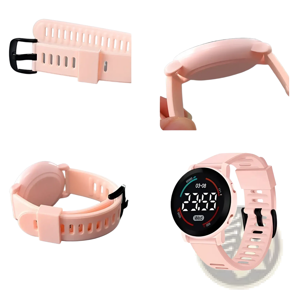 Pink silicone girls digital sports watch with black led display and matching buckle waterproof wristwatch
