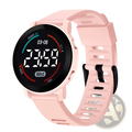Pink silicone girls digital sports watch with black LED display showing time date and temperature waterproof design