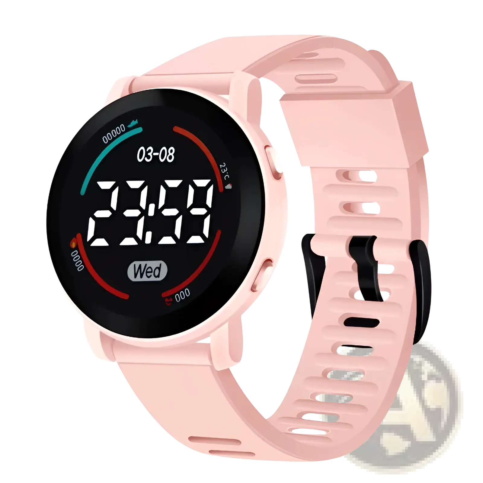 Pink silicone girls digital sports watch with black LED display showing time date and temperature waterproof design