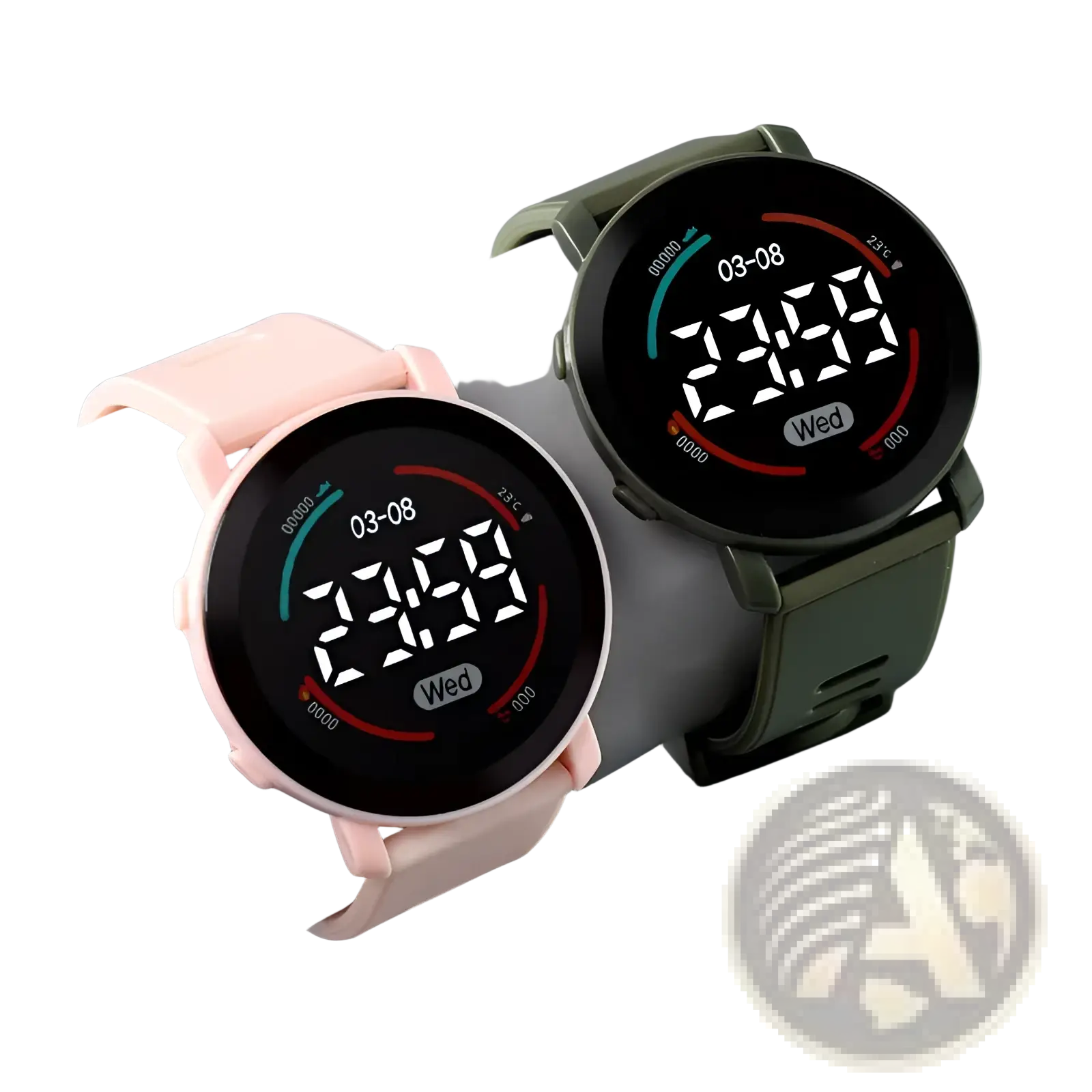 Two girls digital sports waterproof led wristwatches with round faces in soft pink silicone and olive green rubber straps