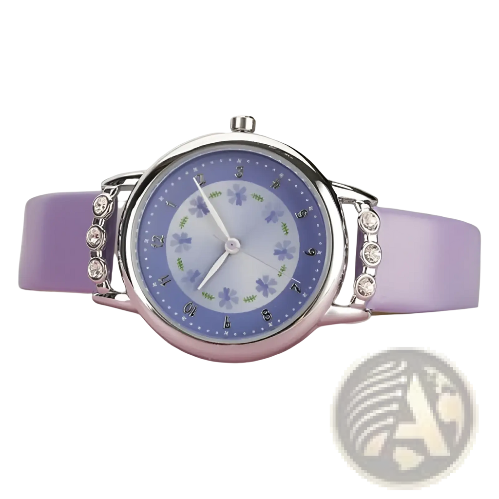 A girls floral rhinestone quartz watch with a lavender silicone strap silver case and light blue floral dial