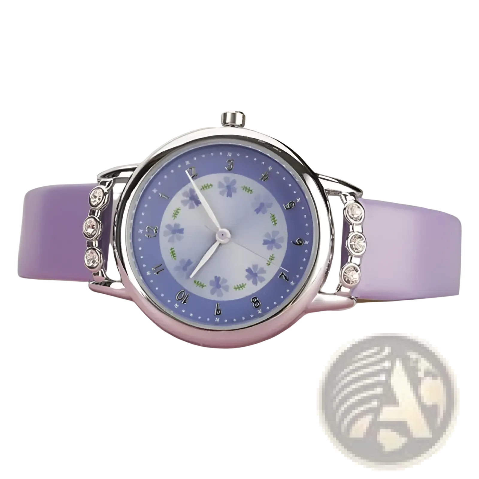 A girls floral rhinestone quartz watch with a lavender silicone strap silver case and light blue floral dial