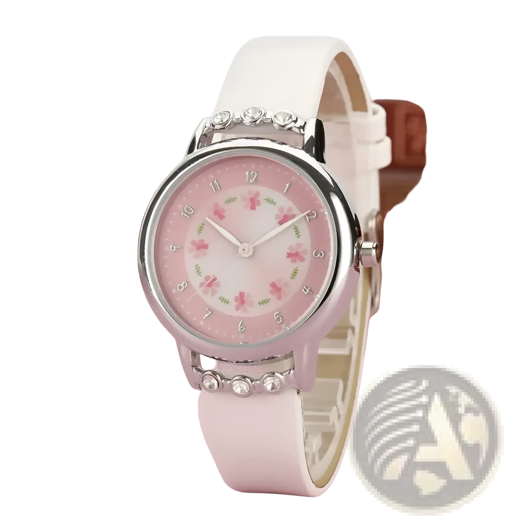 Girls floral rhinestone quartz watch with a delicate pink floral pattern silver case and white pu leather strap