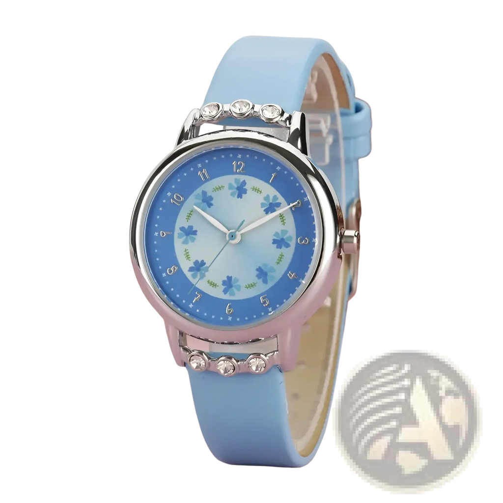 Girls floral rhinestone quartz watch with light blue floral pattern silver-toned case and pu leather strap