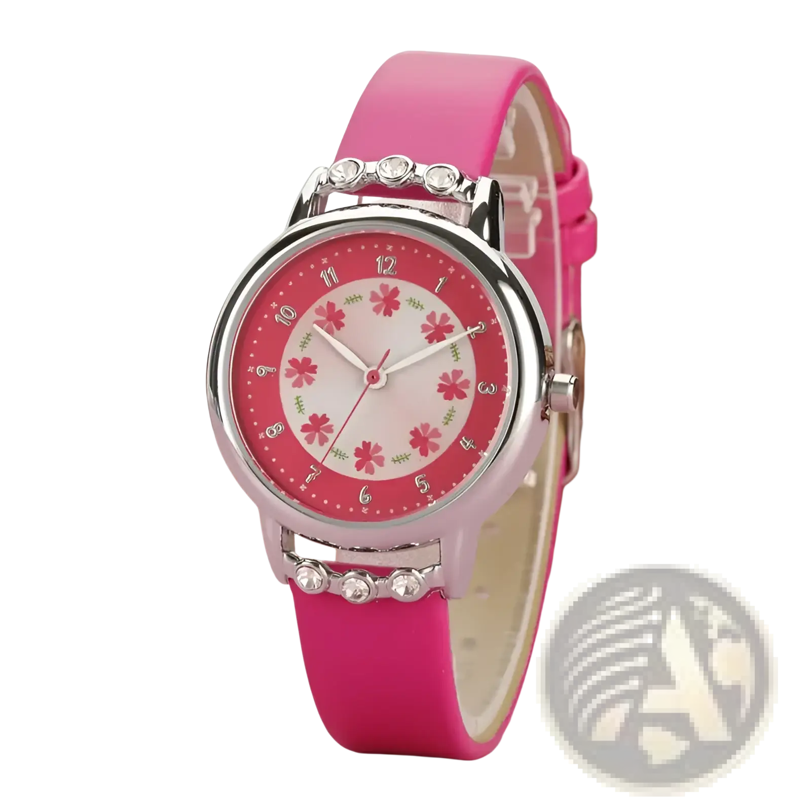 Girls floral rhinestone quartz watch with pink floral pattern silver-toned case and pu leather strap with clear rhinestones