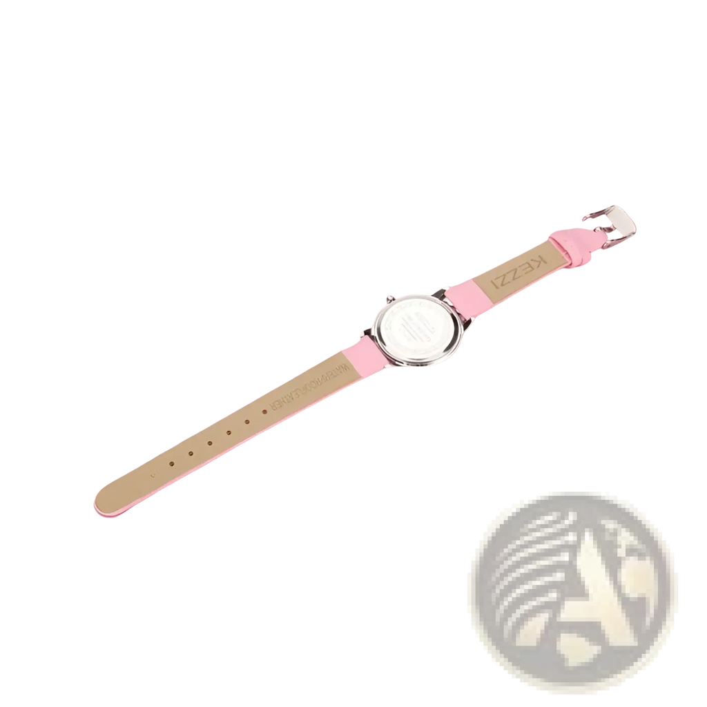 Girls floral rhinestone quartz watch with a pink pu leather strap and silver-toned case and buckle