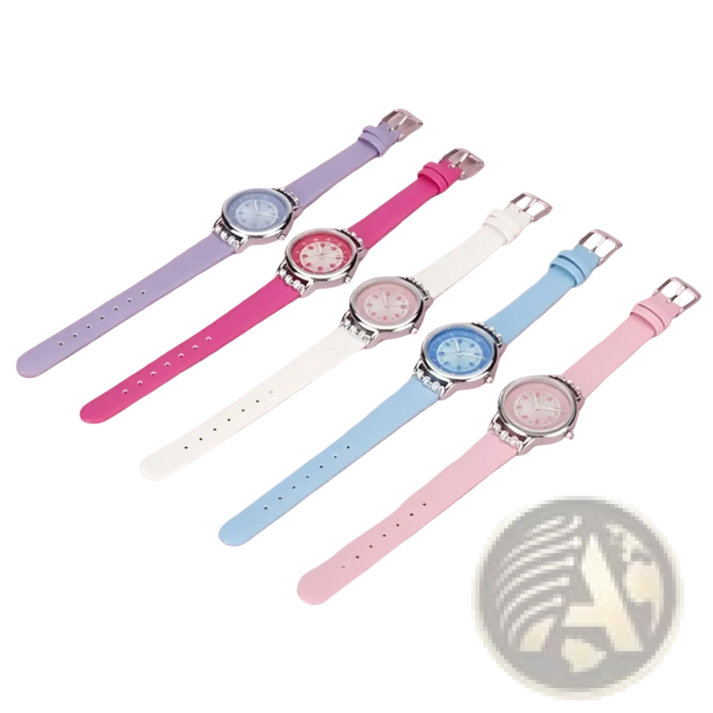 A set of five pastel-colored girls floral rhinestone quartz watches with silicone straps and silver-toned cases