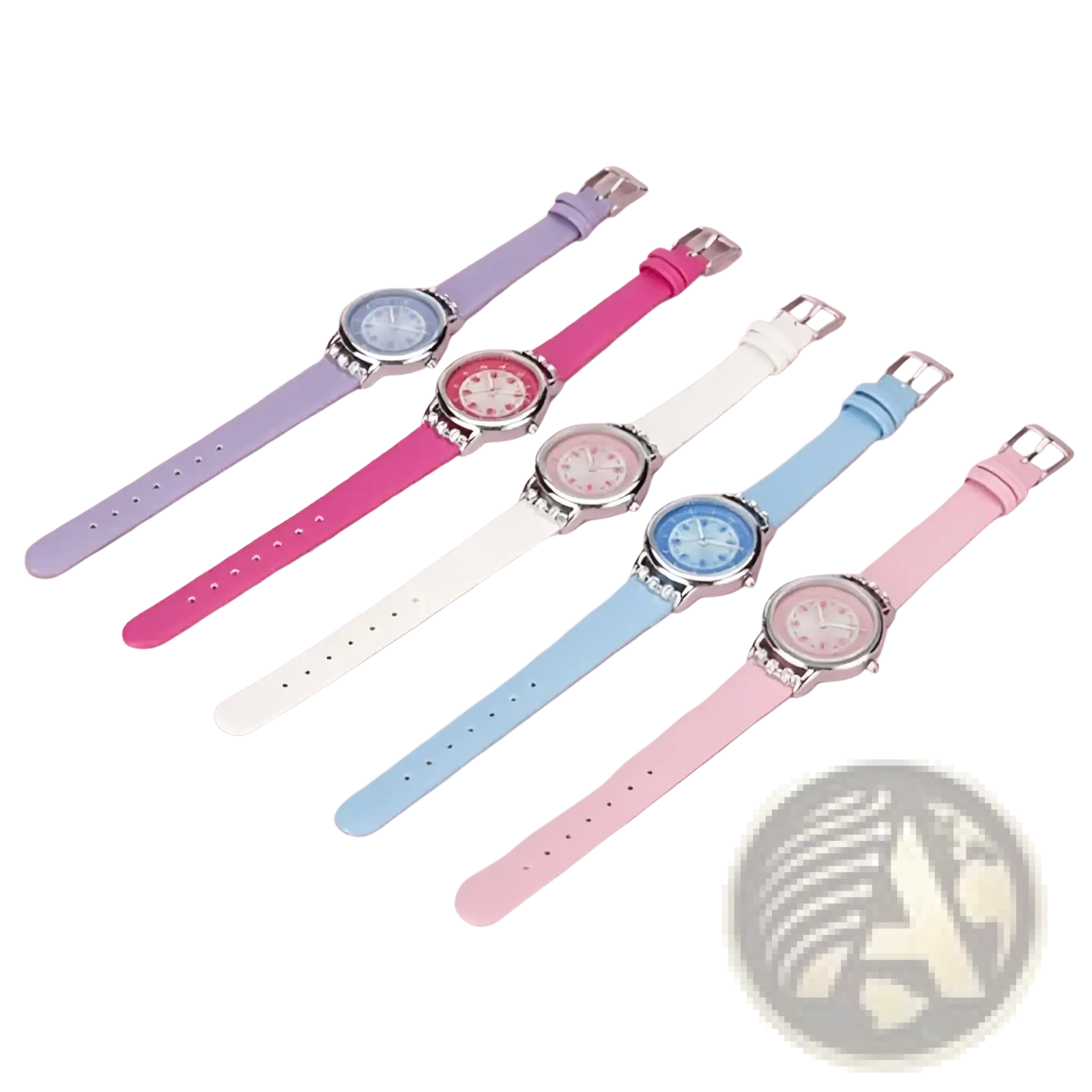 A set of five pastel-colored girls floral rhinestone quartz watches with silicone straps and silver-toned cases