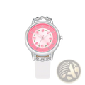 Girls floral rhinestone quartz watch with a pink floral face, silver-toned case, and white PU leather strap
